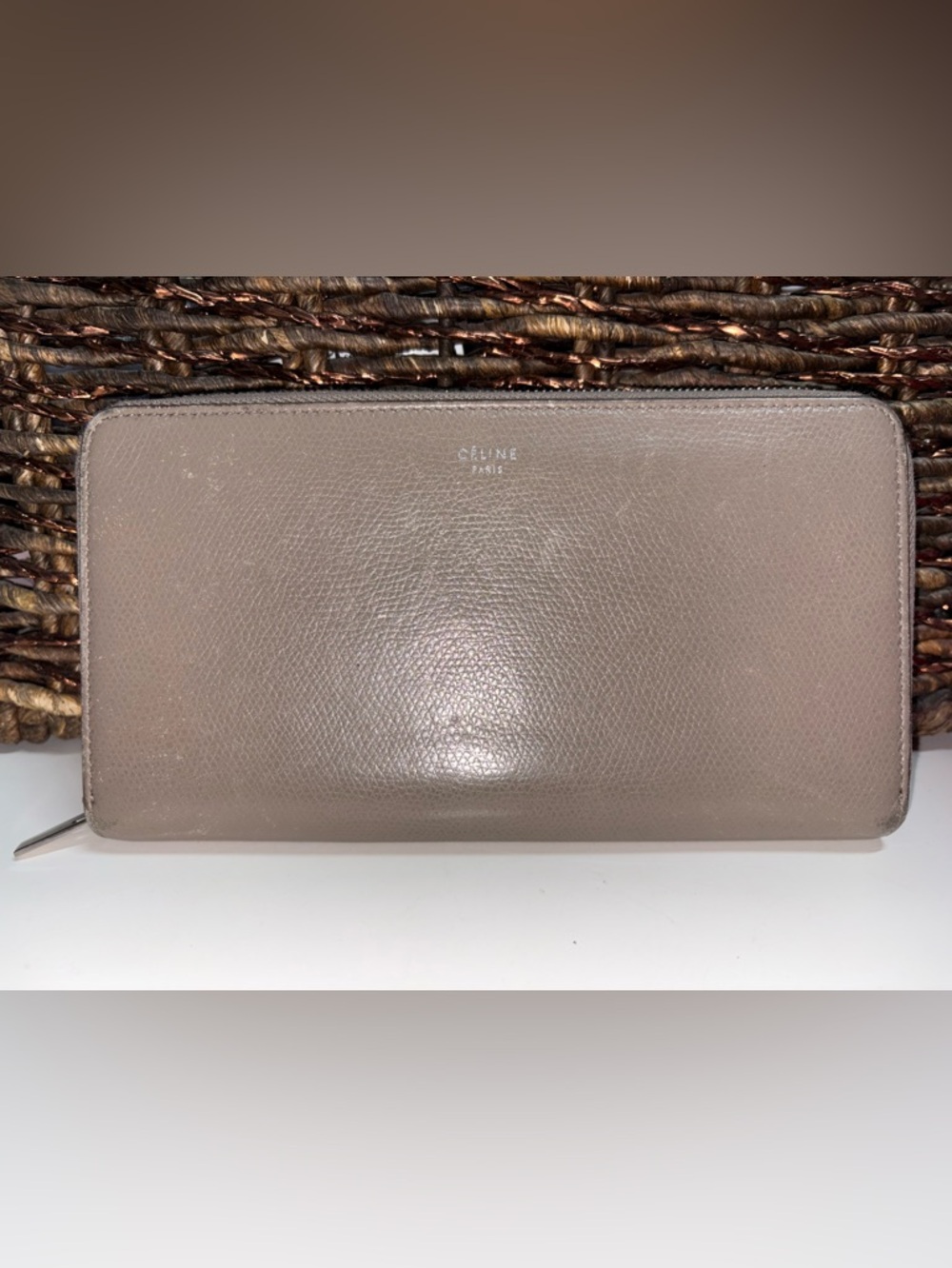 Celine Taupe Pebbled Leather Zip Around Wallet Minimalist